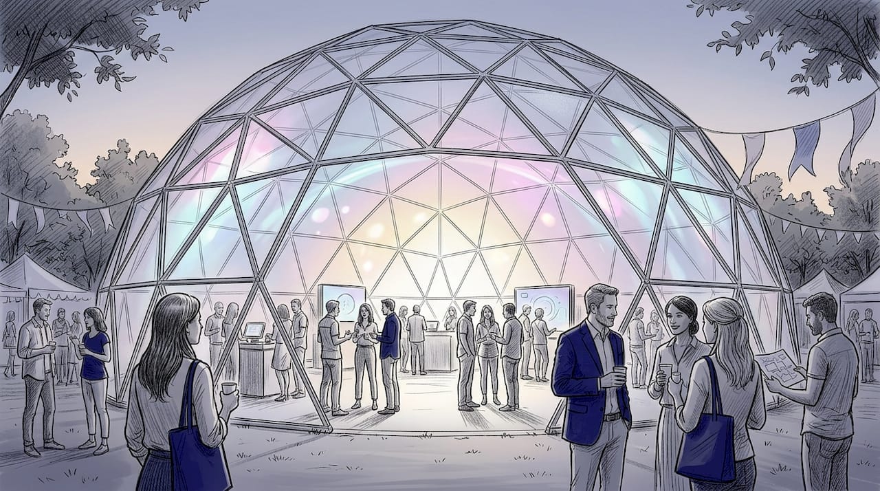 Attendees inside a large geodesic projection dome