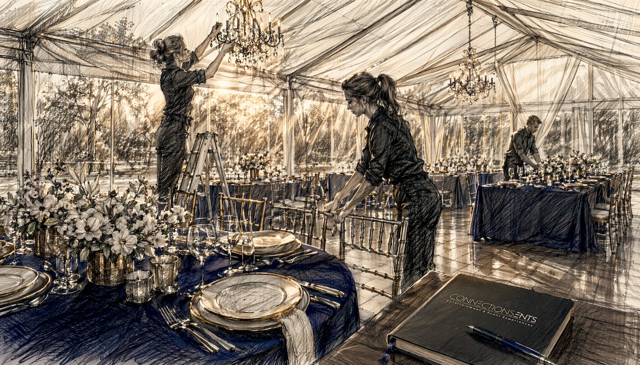 Event staff preparing marquee interior setup