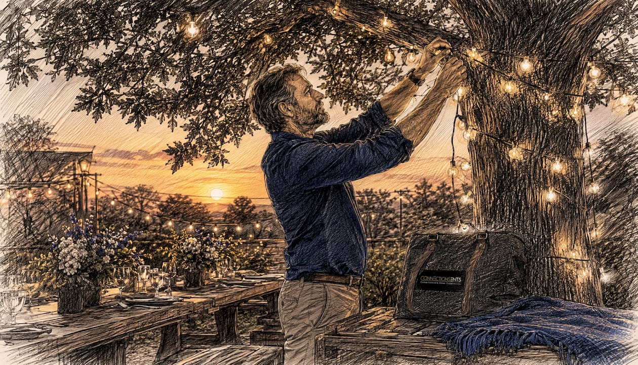 Man decorating tree with fairy lights at dusk outdoor event