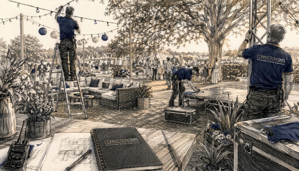 Versatile outdoor event space with crew setting up