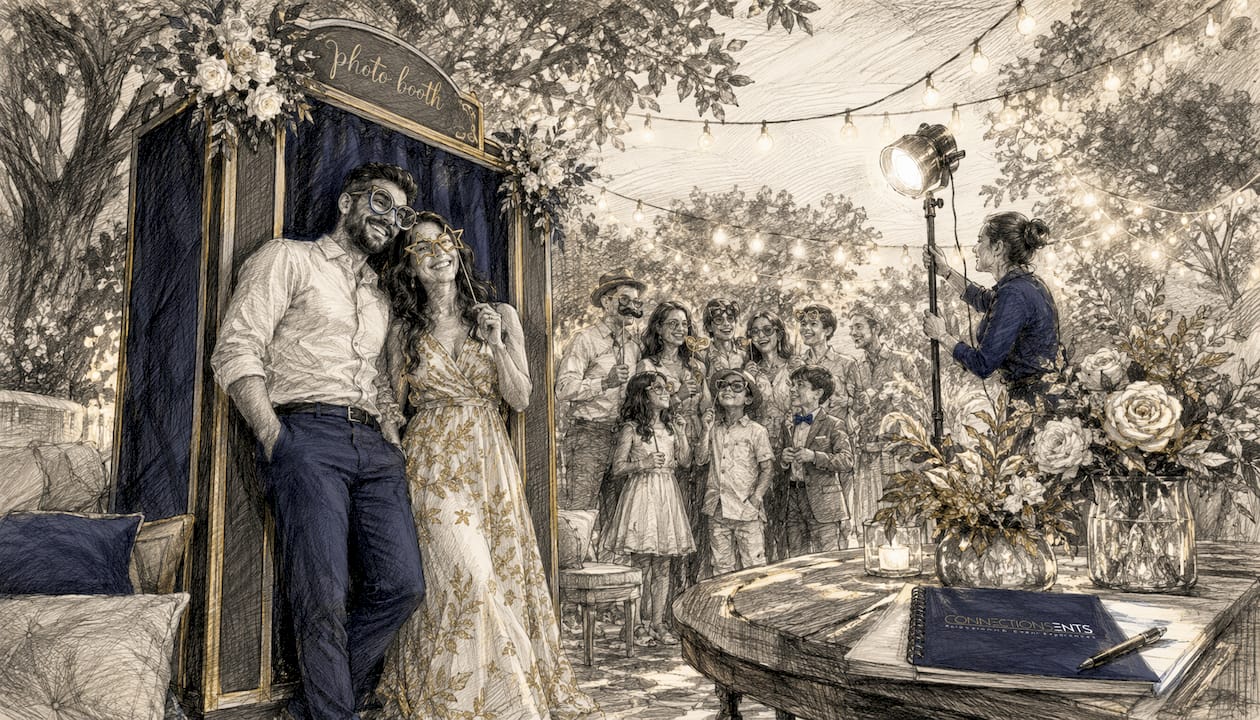 Guests posing in anniversary party photo booth
