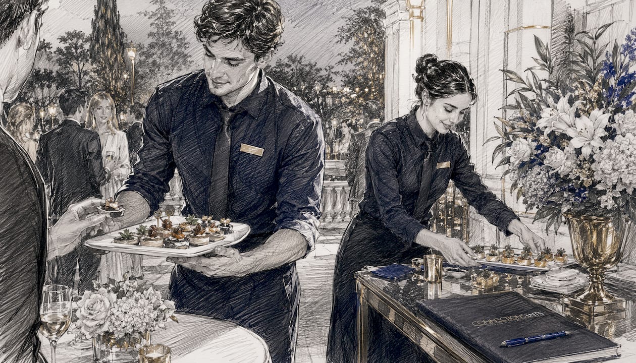 Catering staff serving appetizers at elegant event