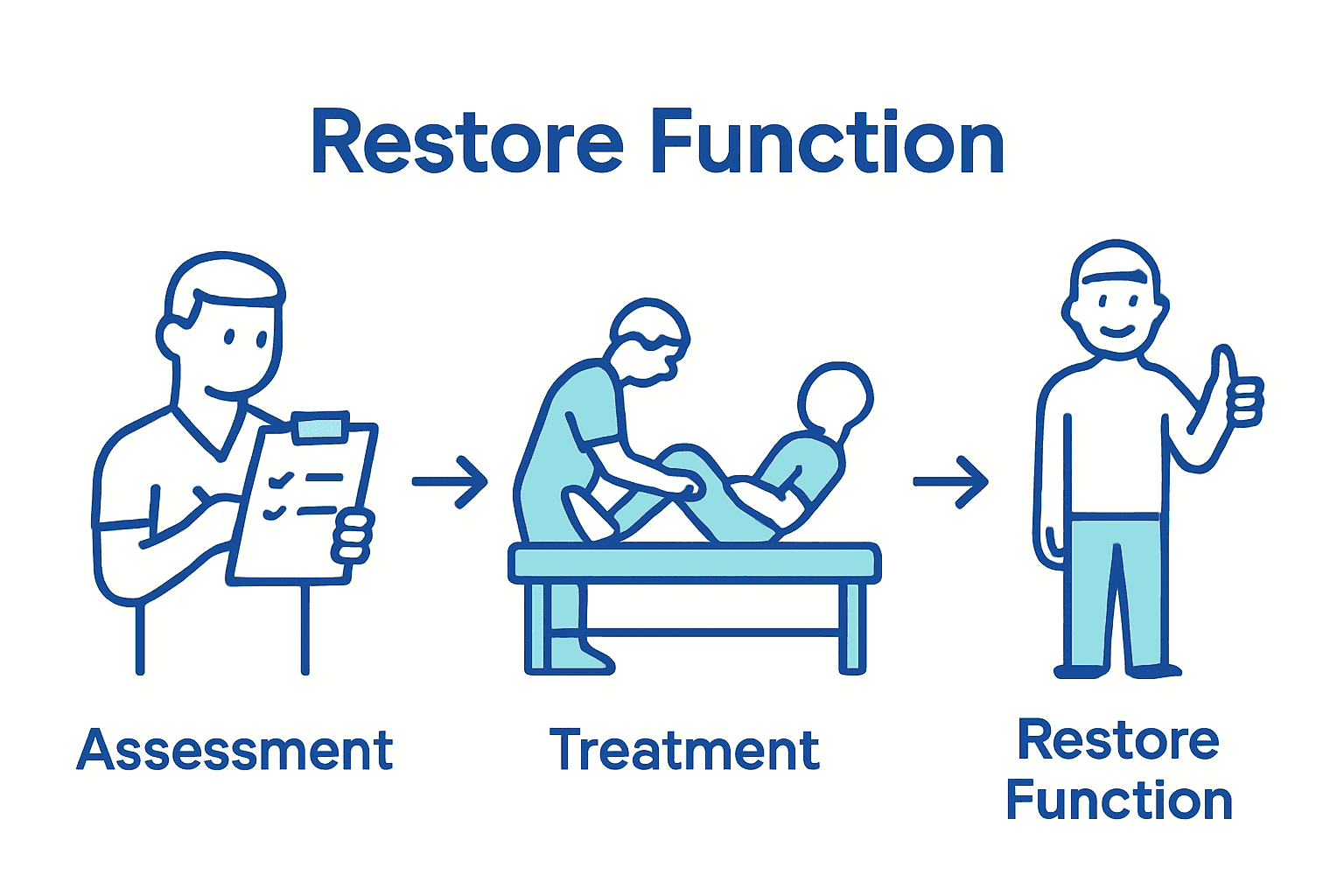 Infographic showing physiotherapist assessment, treatment process, and restored patient mobility.