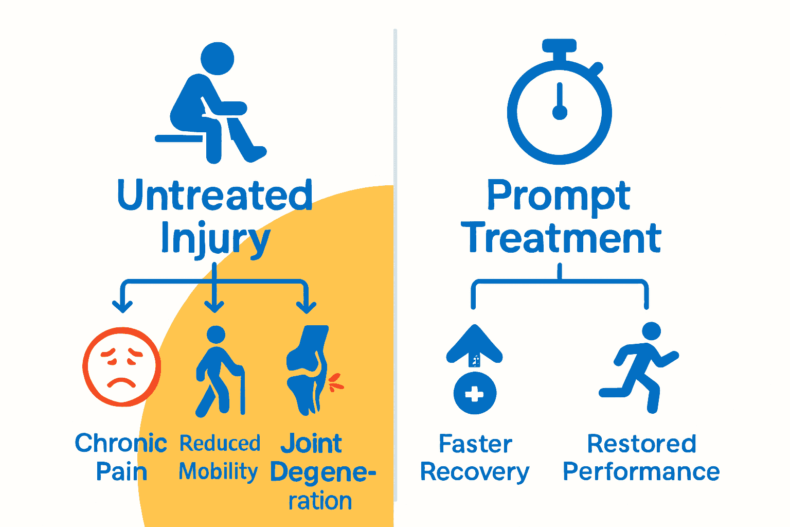 Infographic comparing untreated vs promptly treated sports injuries.