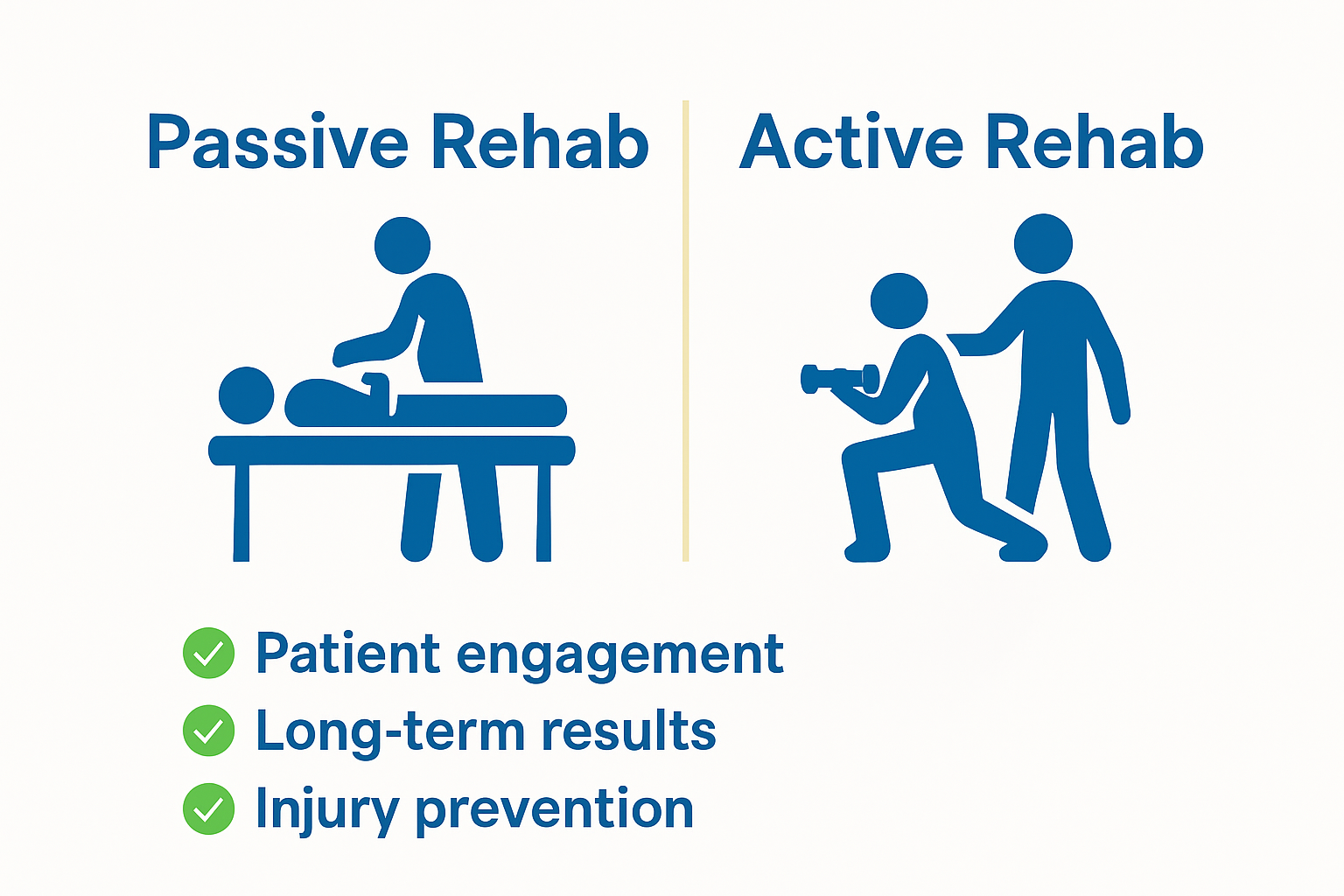 Infographic comparing passive versus active rehab methods with icons and highlights.
