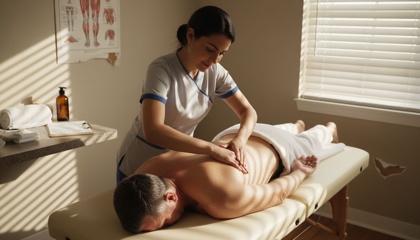 Massage therapist working on client's back in small clinic