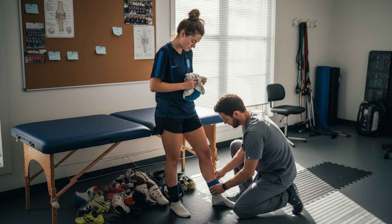 Therapist taping soccer player’s injured ankle