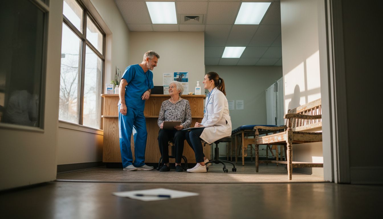 Chiropractor and physiotherapist greet patients in clinic