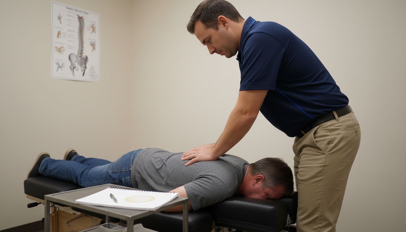 Chiropractor adjusting patient's spine in treatment room