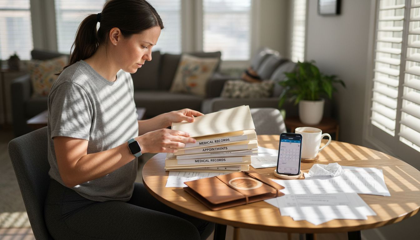Woman organizing medical documents for physiotherapy