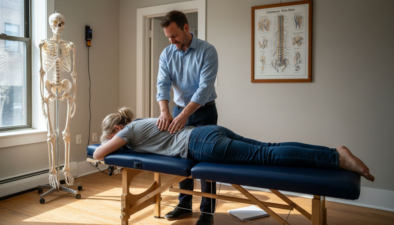 Chiropractor adjusting patient in sunlit clinic office