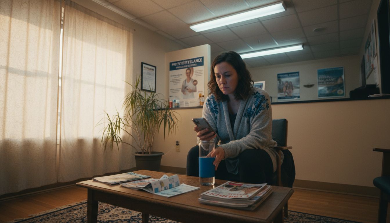 Woman waiting in physiotherapy clinic lobby