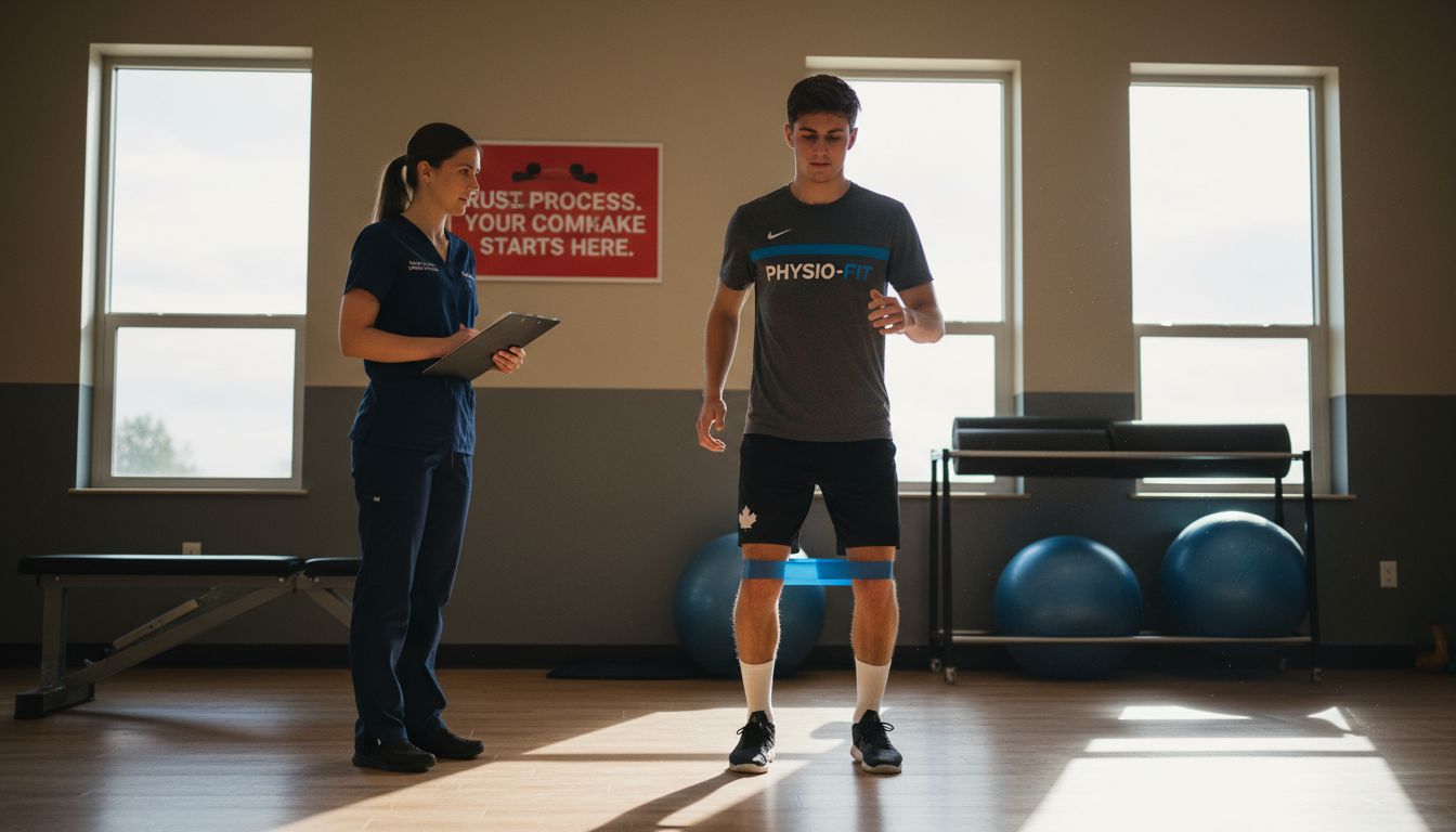 Athlete and physiotherapist in gym rehab session