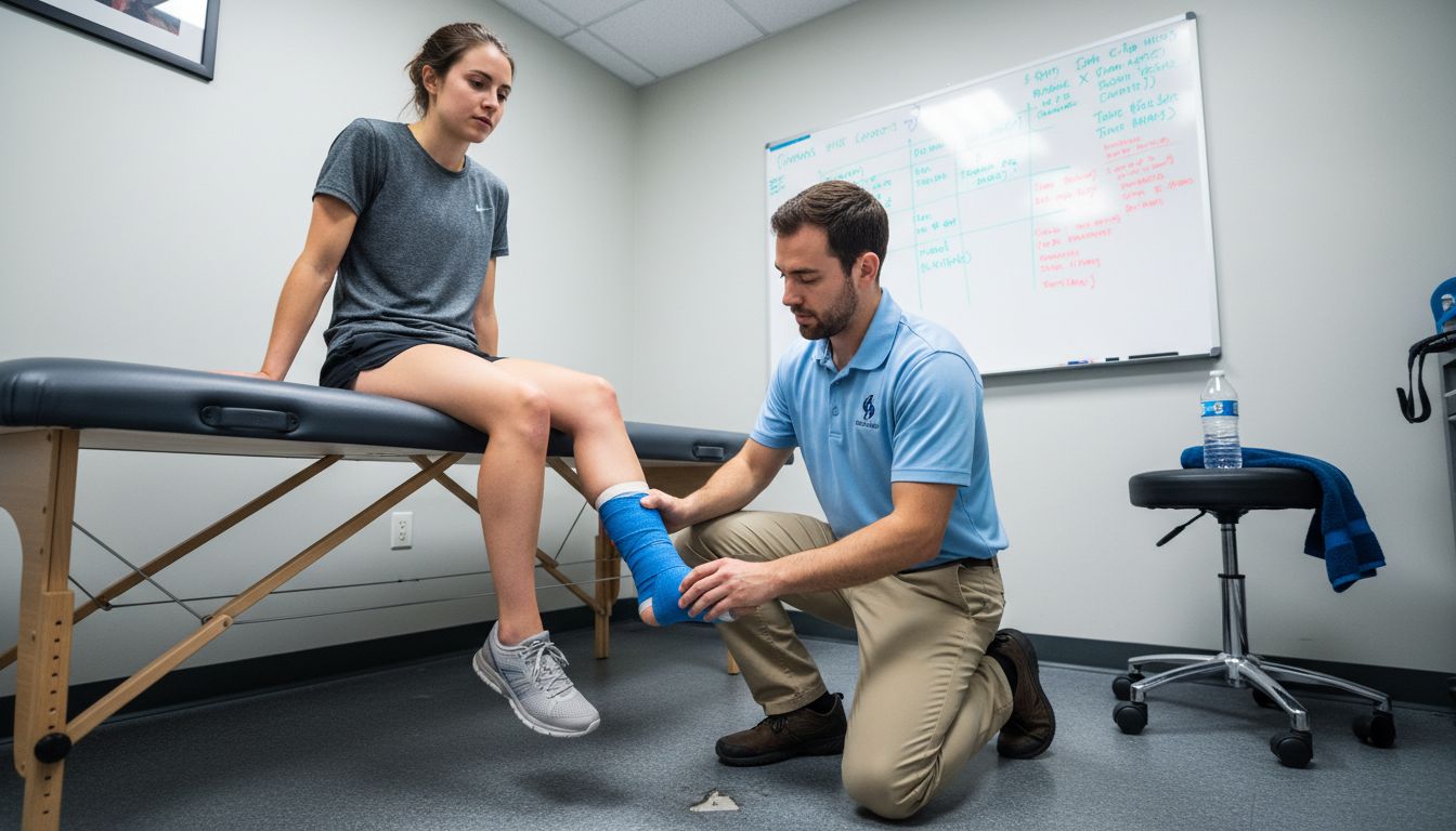 Clinician evaluating runner’s injured ankle