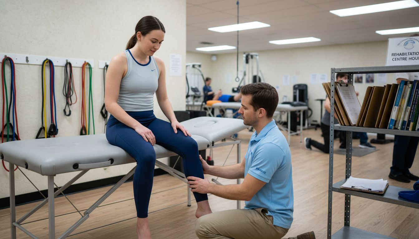 Physiotherapist assessing patient knee in clinic