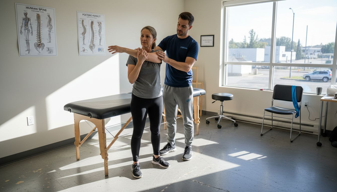 Physiotherapist helps woman stretch in Ottawa clinic