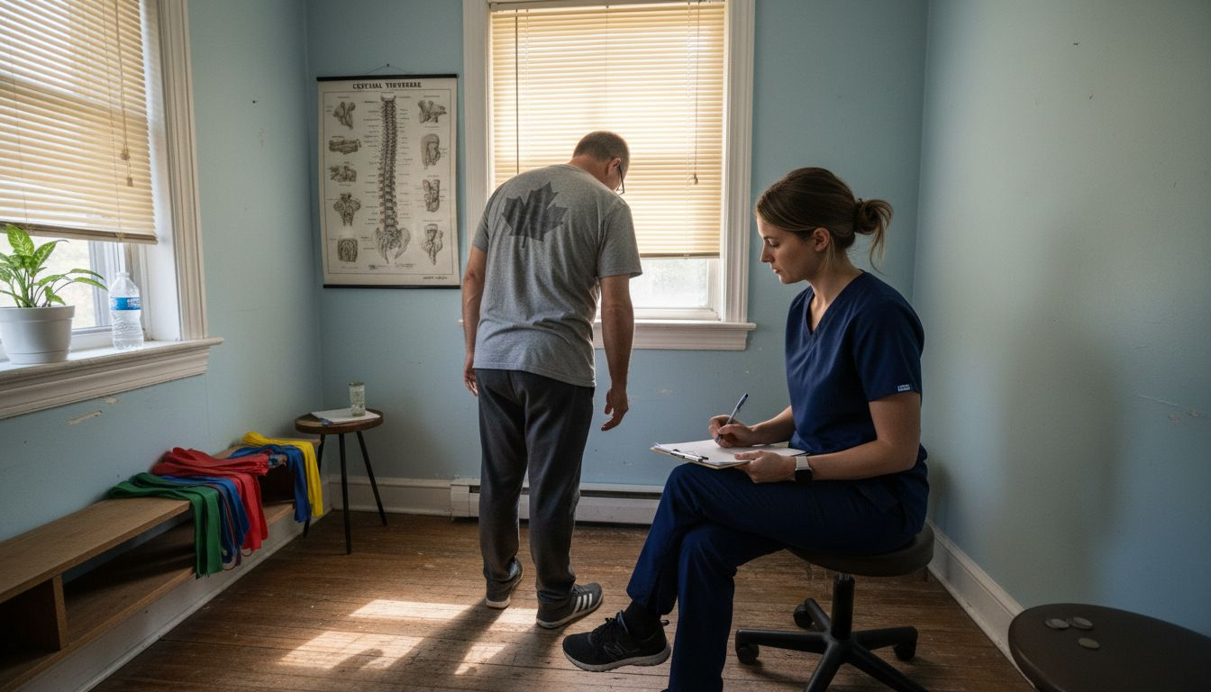 Physiotherapist assessing patient’s back movement