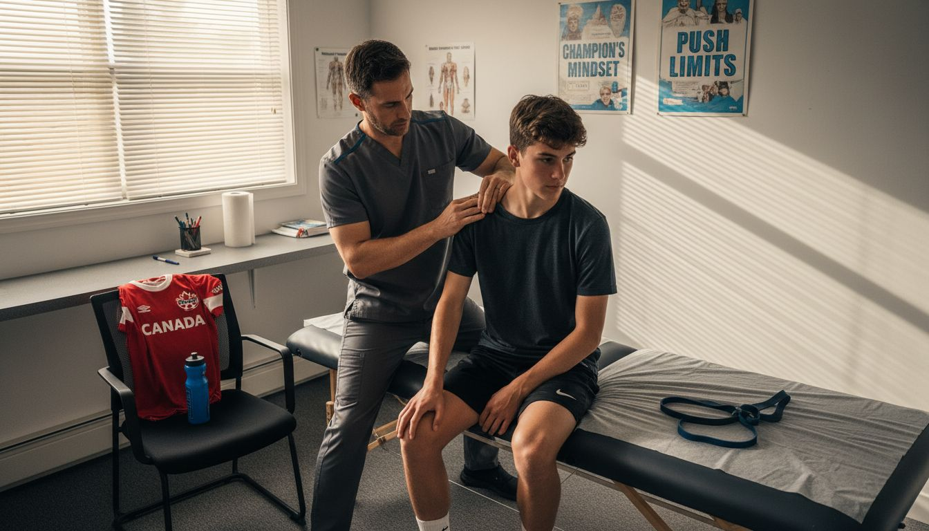 Chiropractor adjusts athlete’s shoulder in clinic