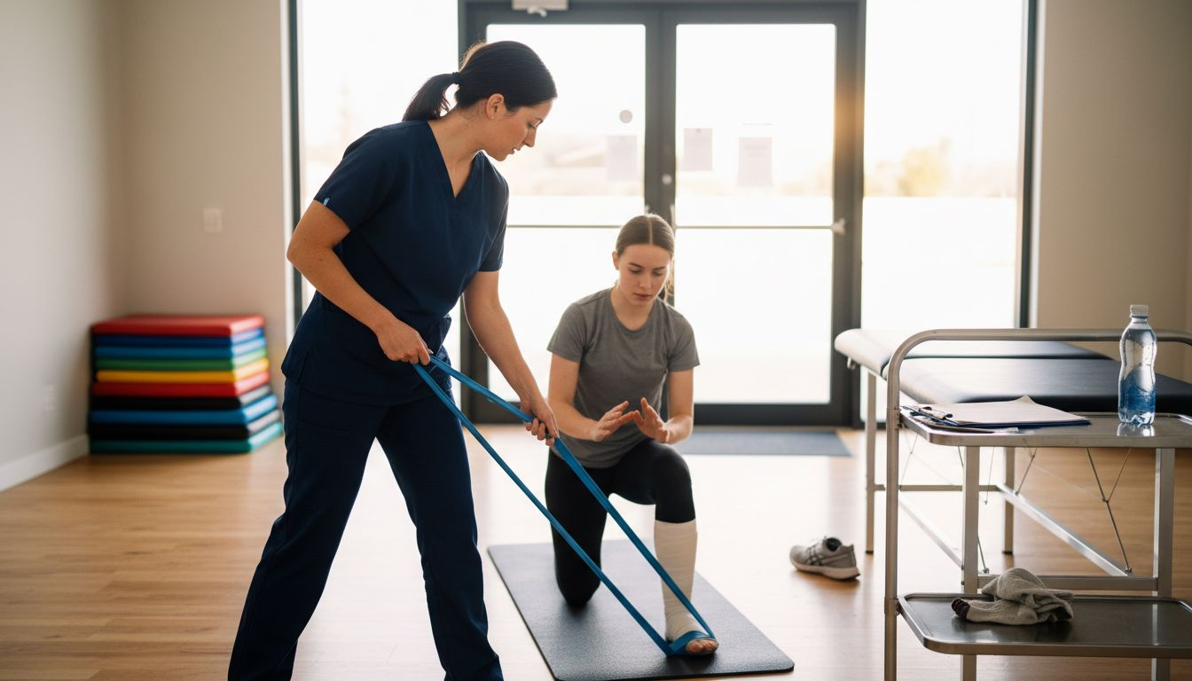 Therapist and athlete using resistance band rehab