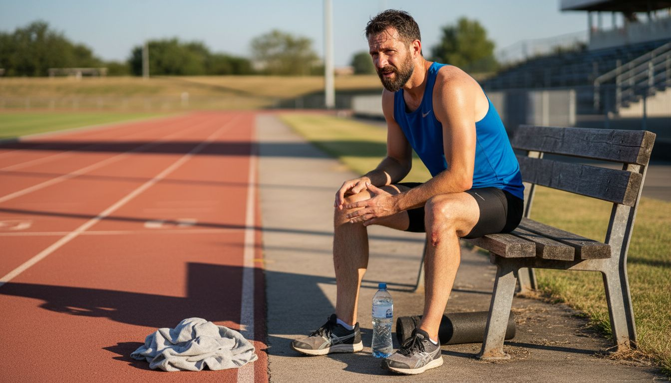 Runner on bench massaging knee outdoors