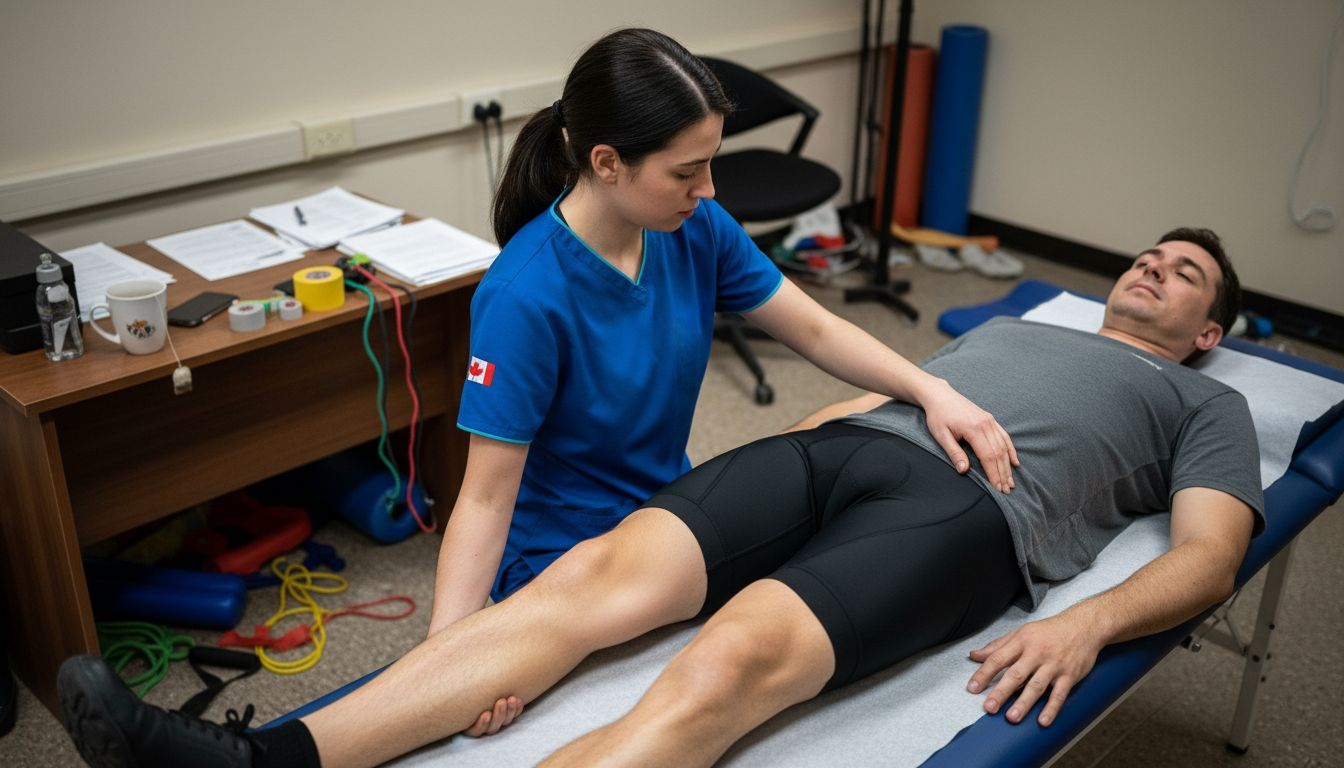 Physiotherapist adjusting patient's leg in clinic