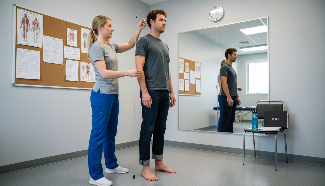 Therapist using plumb line for posture check