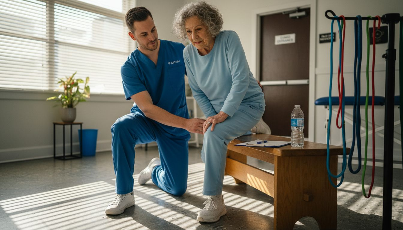 Older woman assisted in physiotherapy stretches