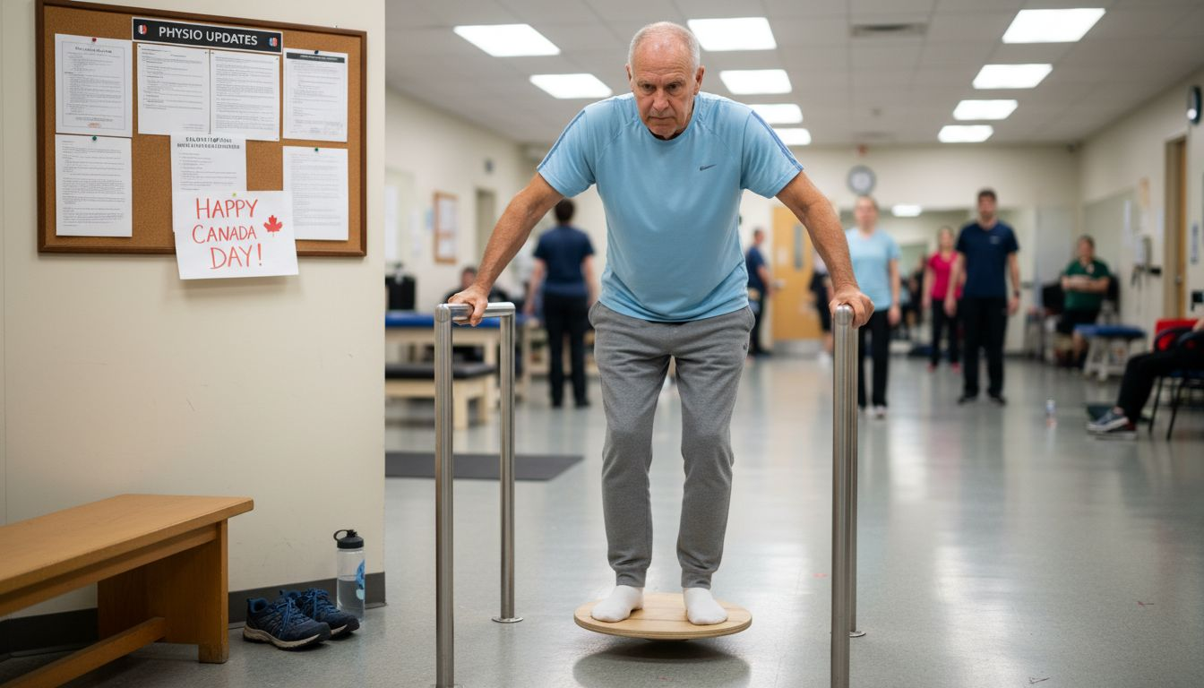 Senior man practicing balance on wobble board