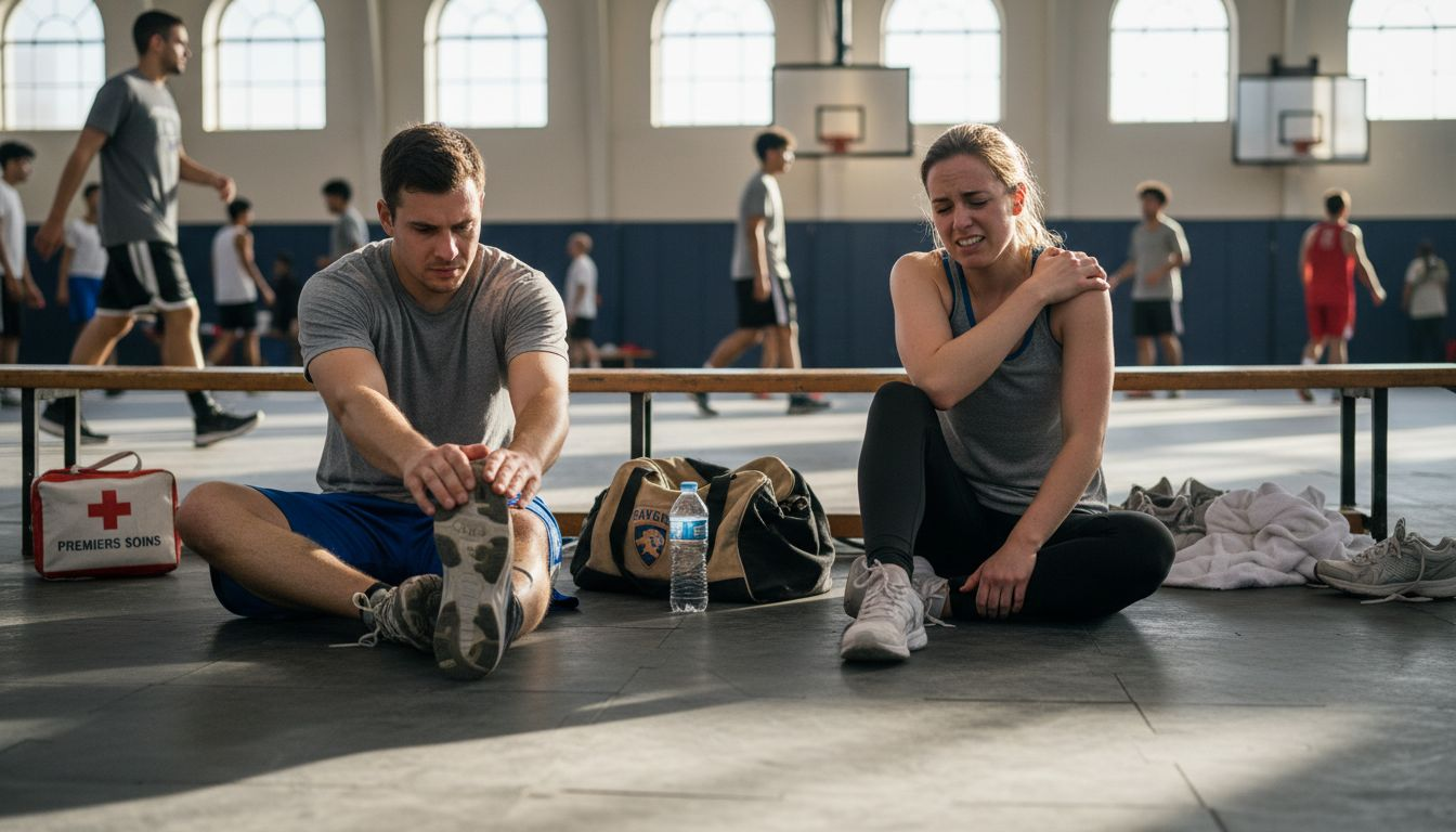 Athletes stretching and treating minor sports injuries