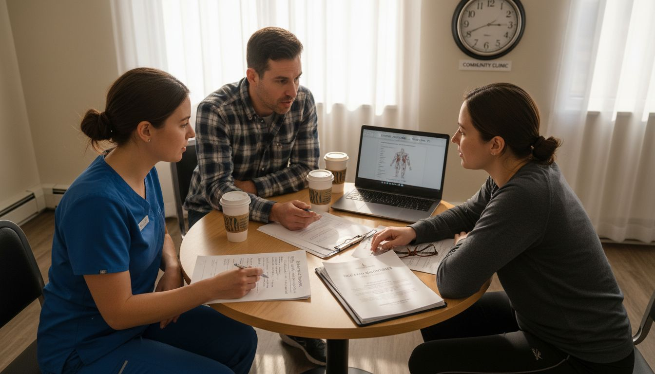 Neck pain rehab team discussing treatment