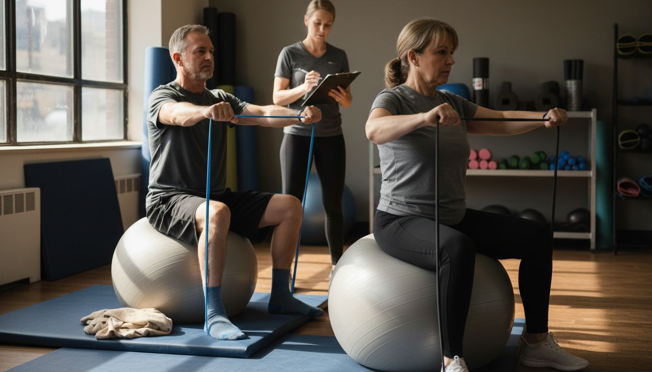 Patients performing shoulder rehab exercises