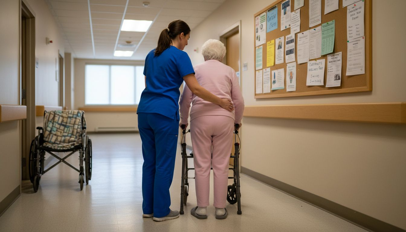 Therapist helps patient walk in hospital corridor