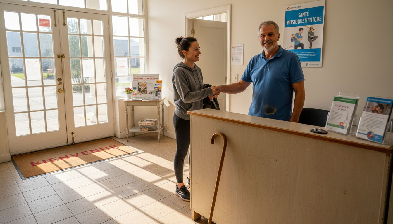 Physiotherapist welcomes patient in rehab clinic