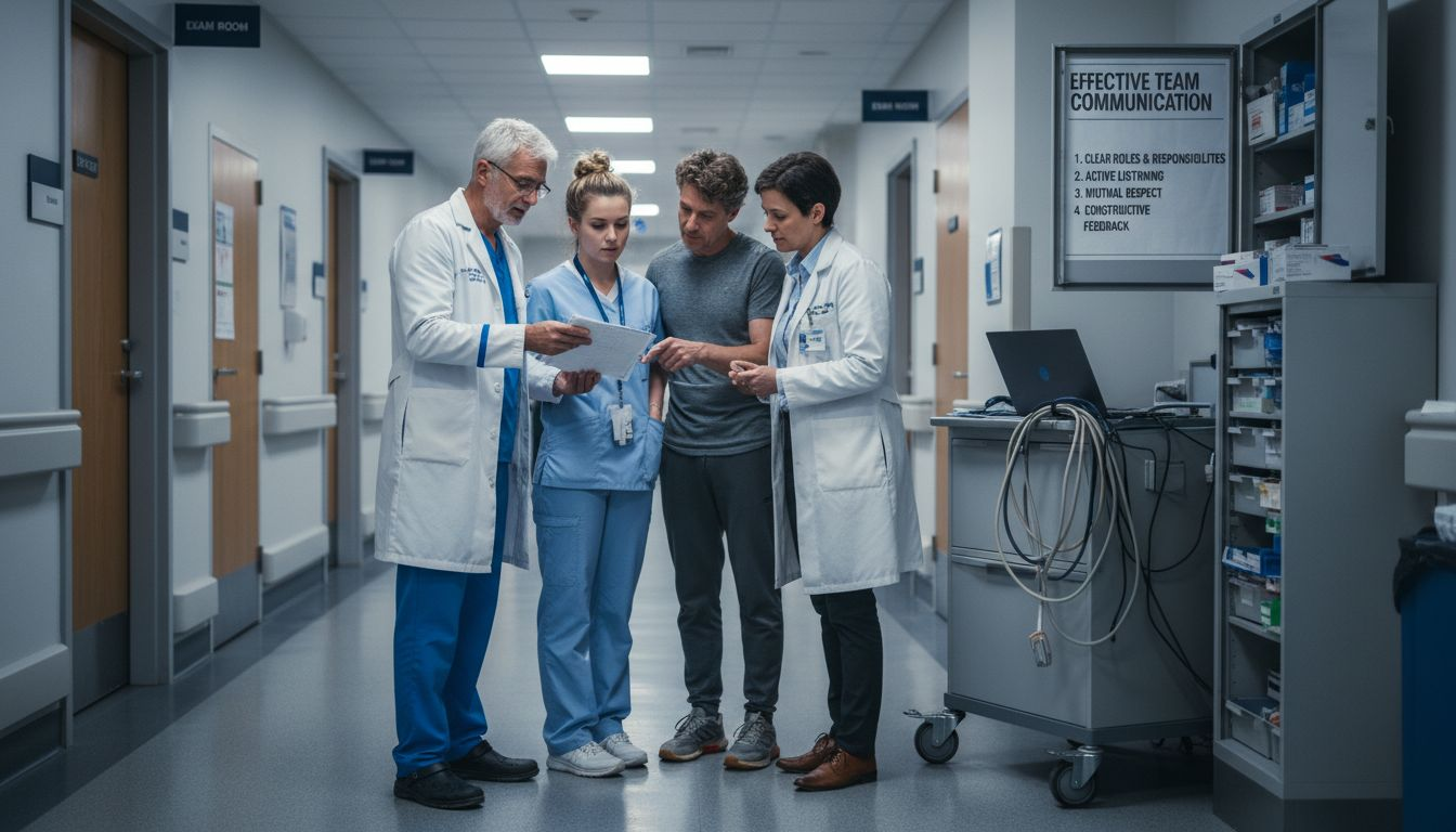 Clinic staff discussing patient care workflow