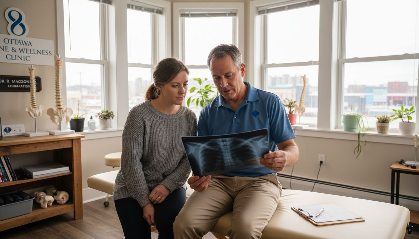 Chiropractor reviewing spinal X-ray with patient