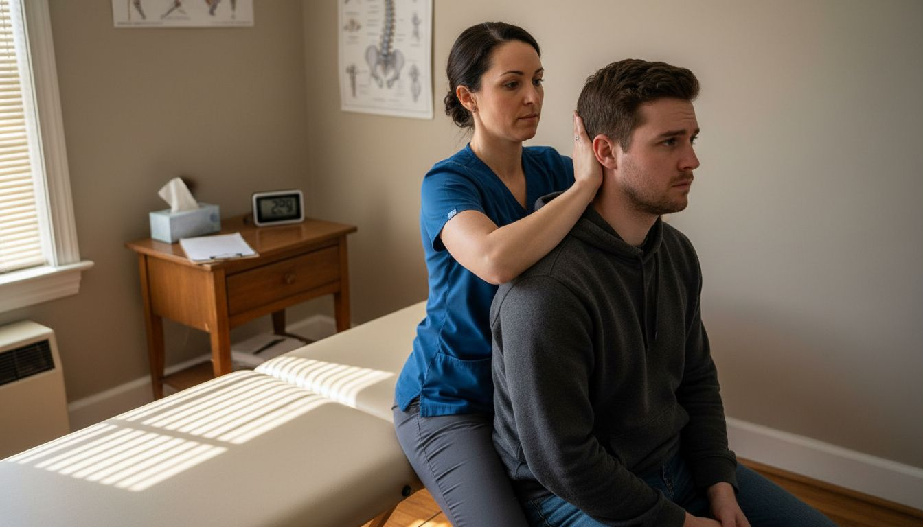 Chiropractor demonstrates neck adjustment technique