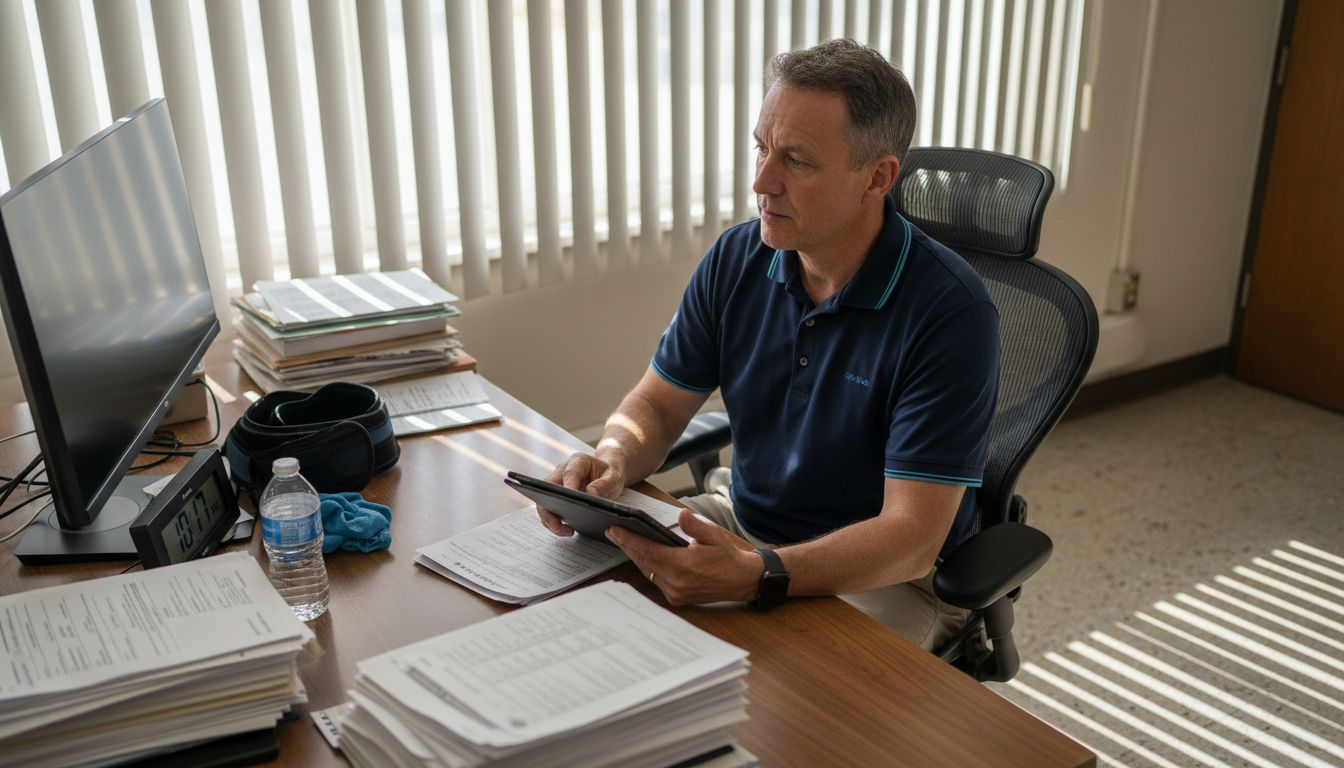 Physiotherapist reviewing injury patient records