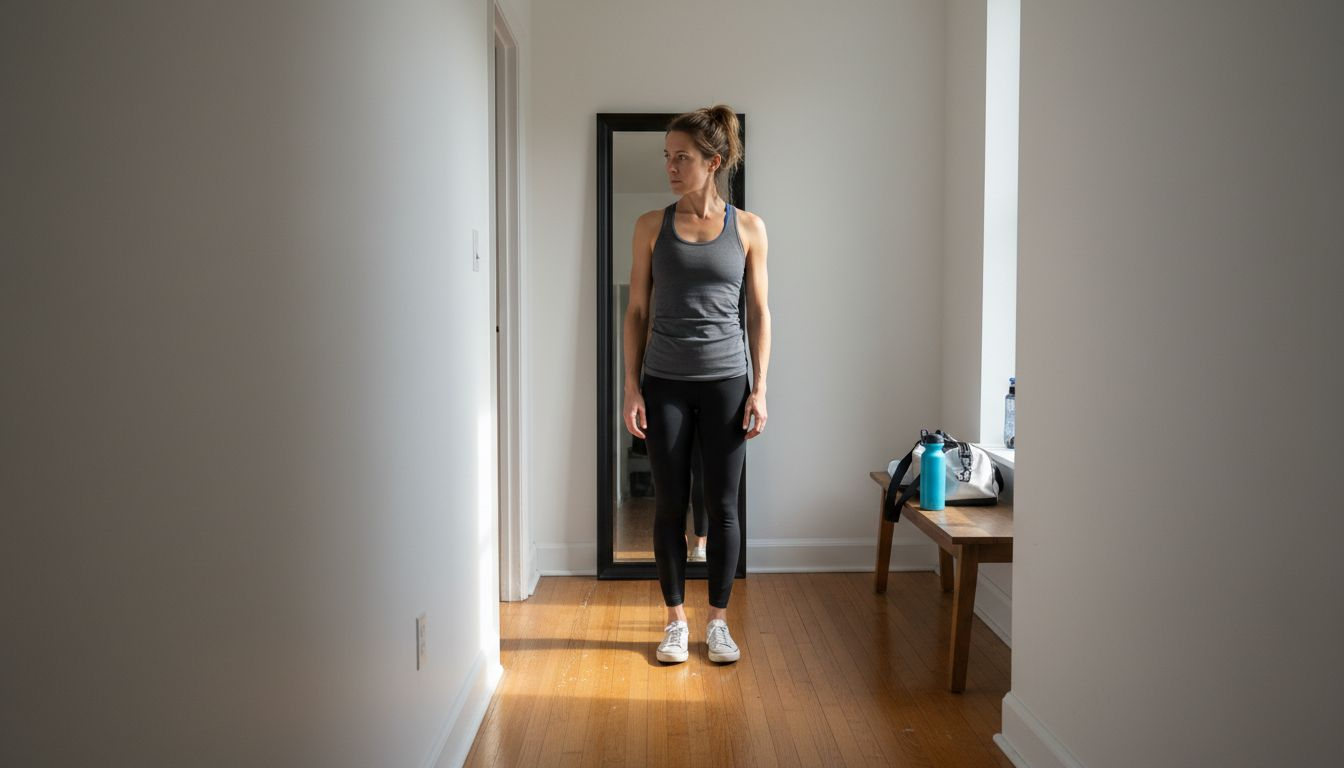 Woman checking neck posture in mirror