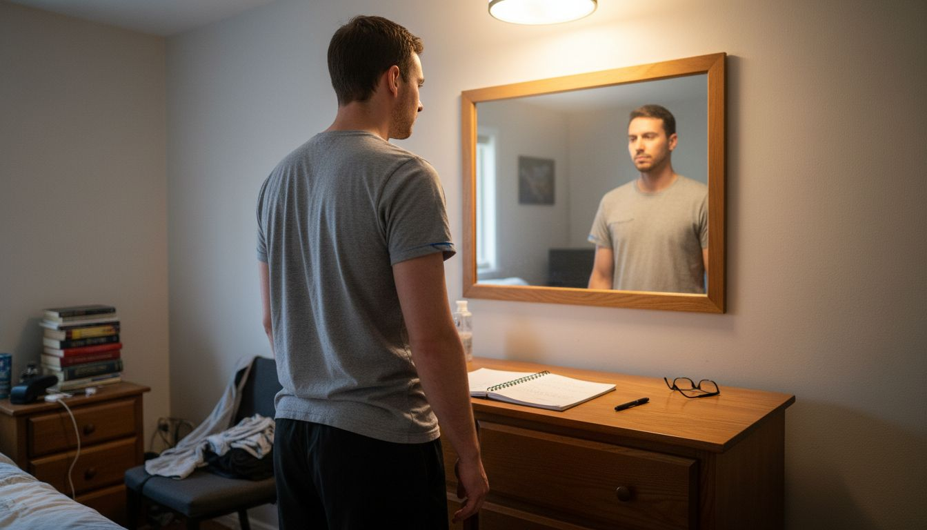 Man observing neck position using mirror