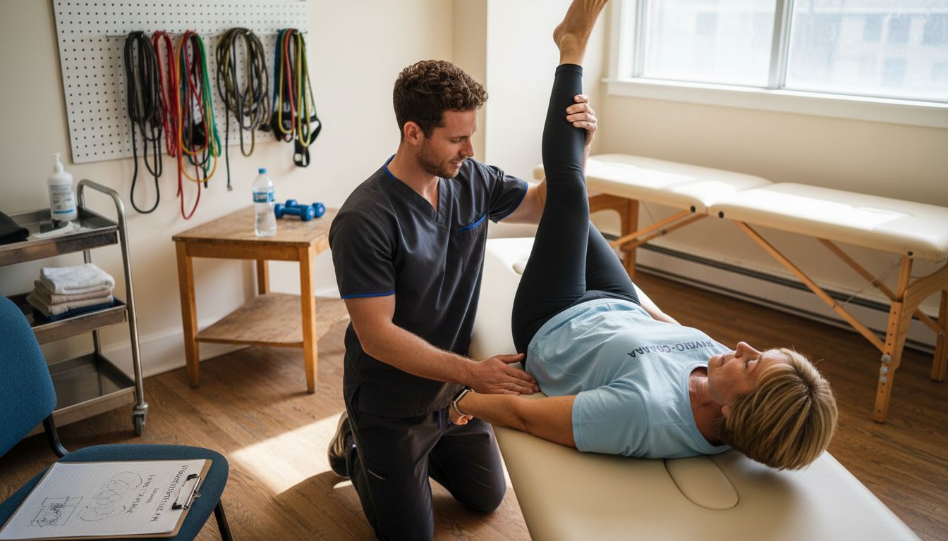 Physiotherapist instructing client in clinic