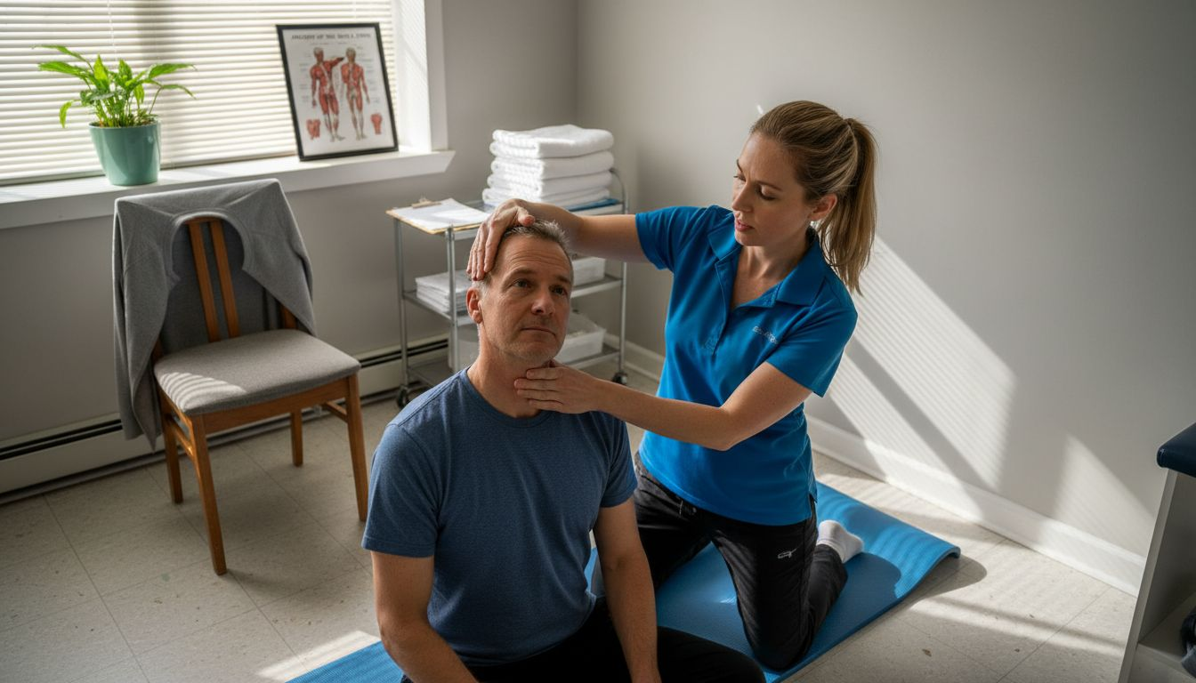 Physiotherapist guiding neck stretch in clinic