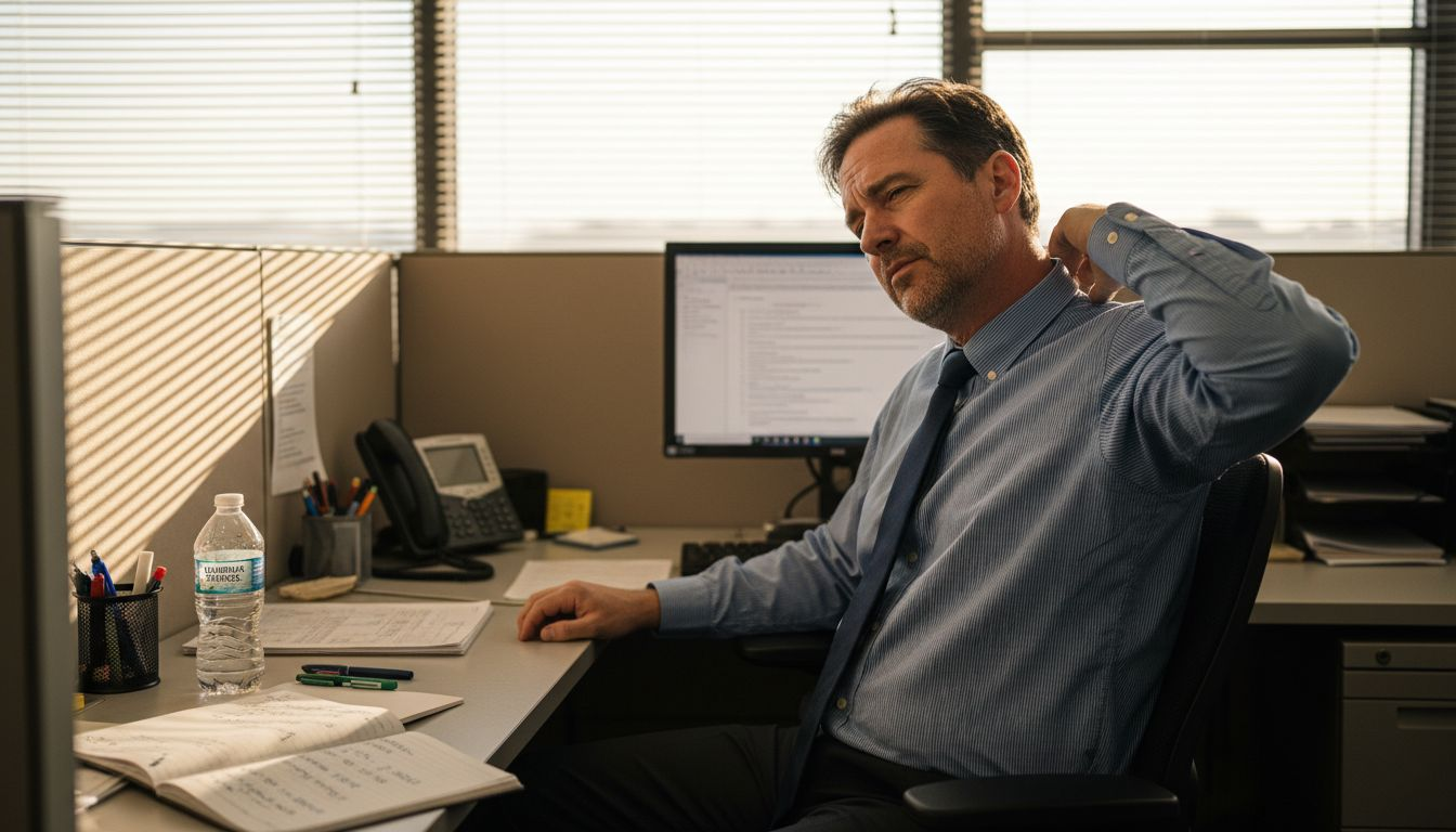 Office worker performing neck stretch at desk