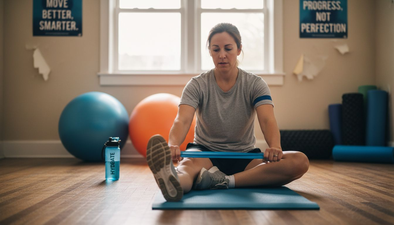 Woman doing active recovery stretch in rehab room