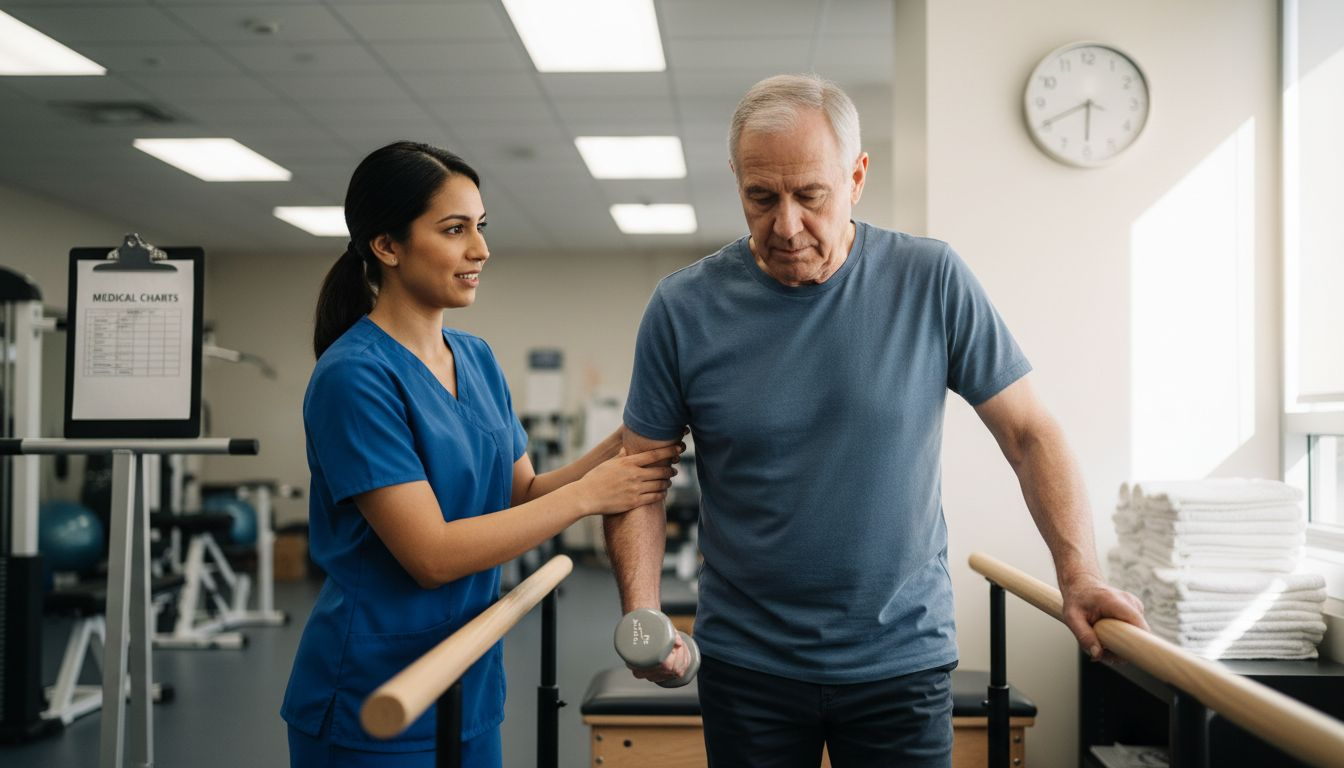 Patient doing guided rehab exercise with therapist