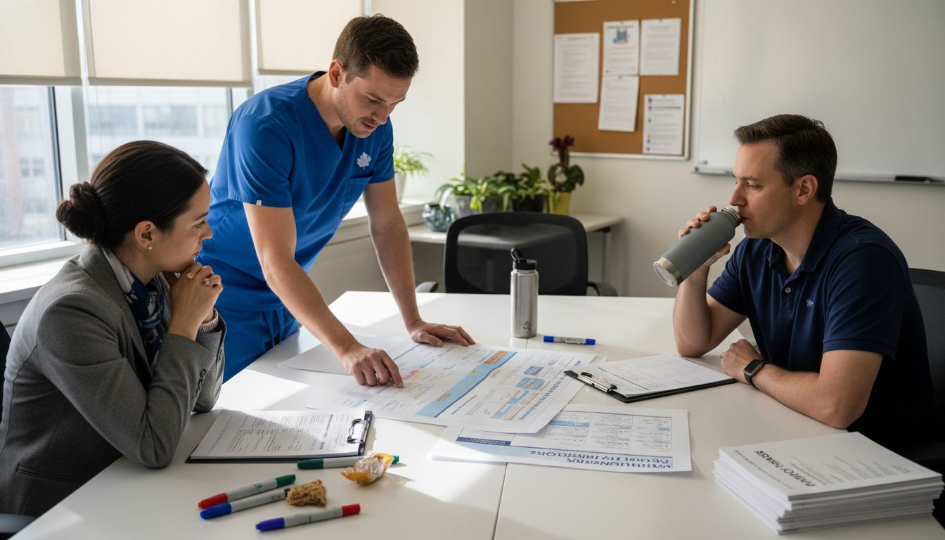 Pain management team discussing patient charts