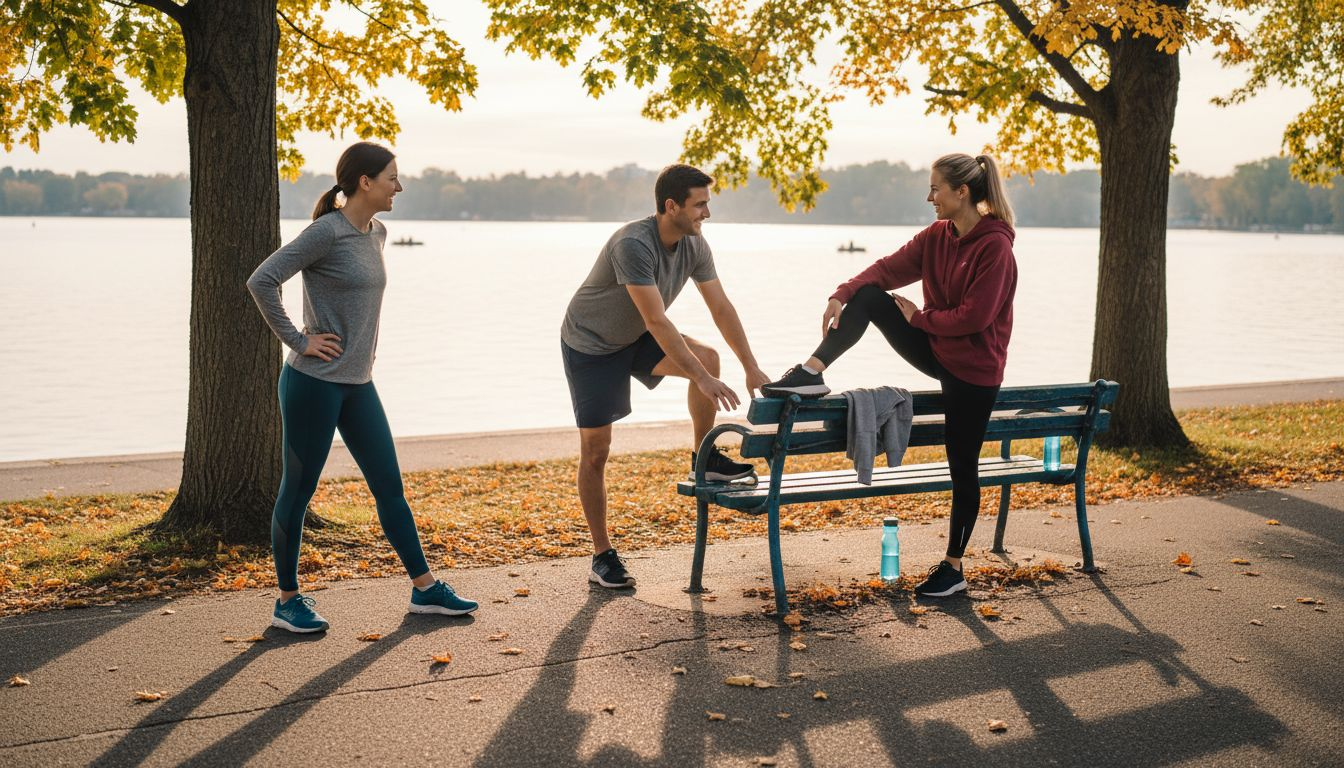 Active adults stretching in Ottawa city park near lake