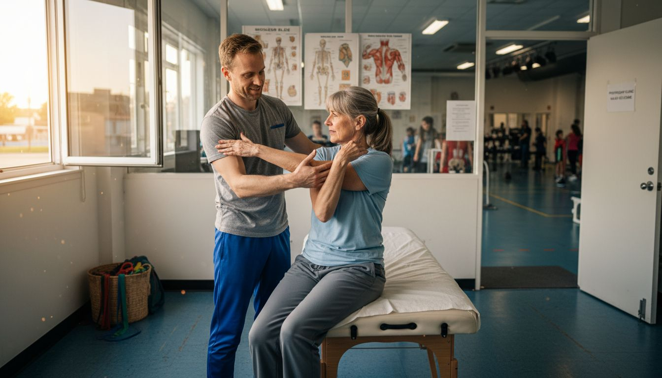 Physiotherapist showing muscle stretch in a clinic