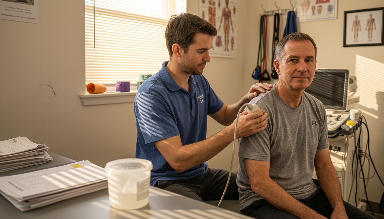 Ultrasound therapist treating patient’s shoulder
