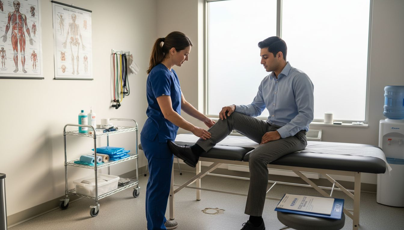 Physical therapist examining injured ankle in clinic
