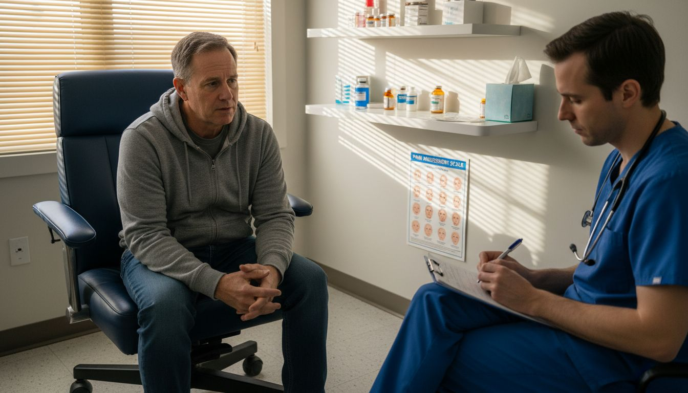 Patient consulting pain specialist in clinic